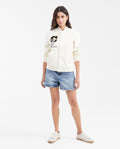 Women's Varsity Bomber Jacket with Velveteen Floral Appliqués in Cotton - 2