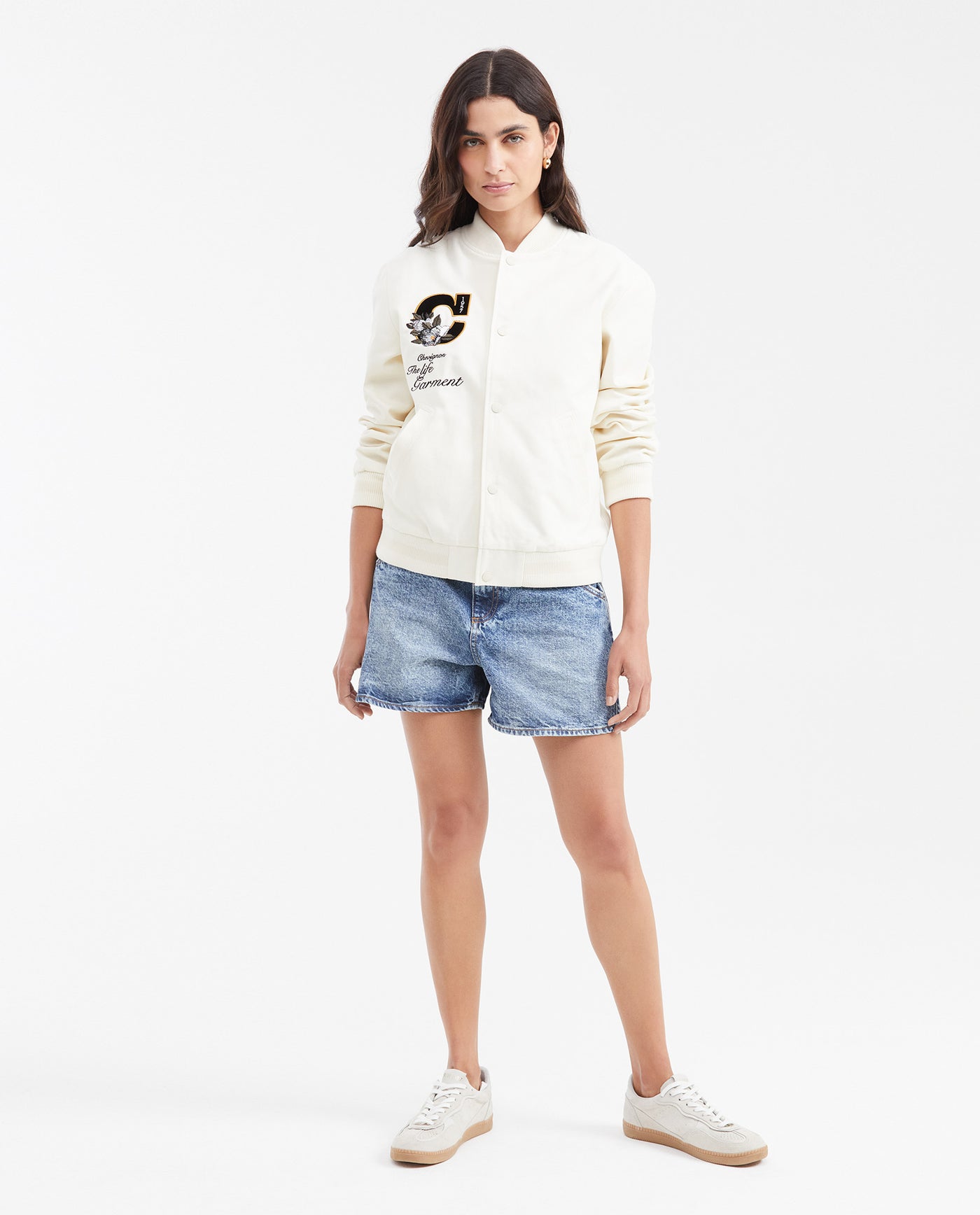 Women's Varsity Bomber Jacket with Velveteen Floral Appliqués in Cotton - 2