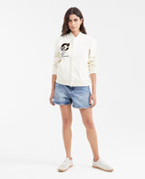 Women's Varsity Bomber Jacket with Velveteen Floral Appliqués in Cotton - 2