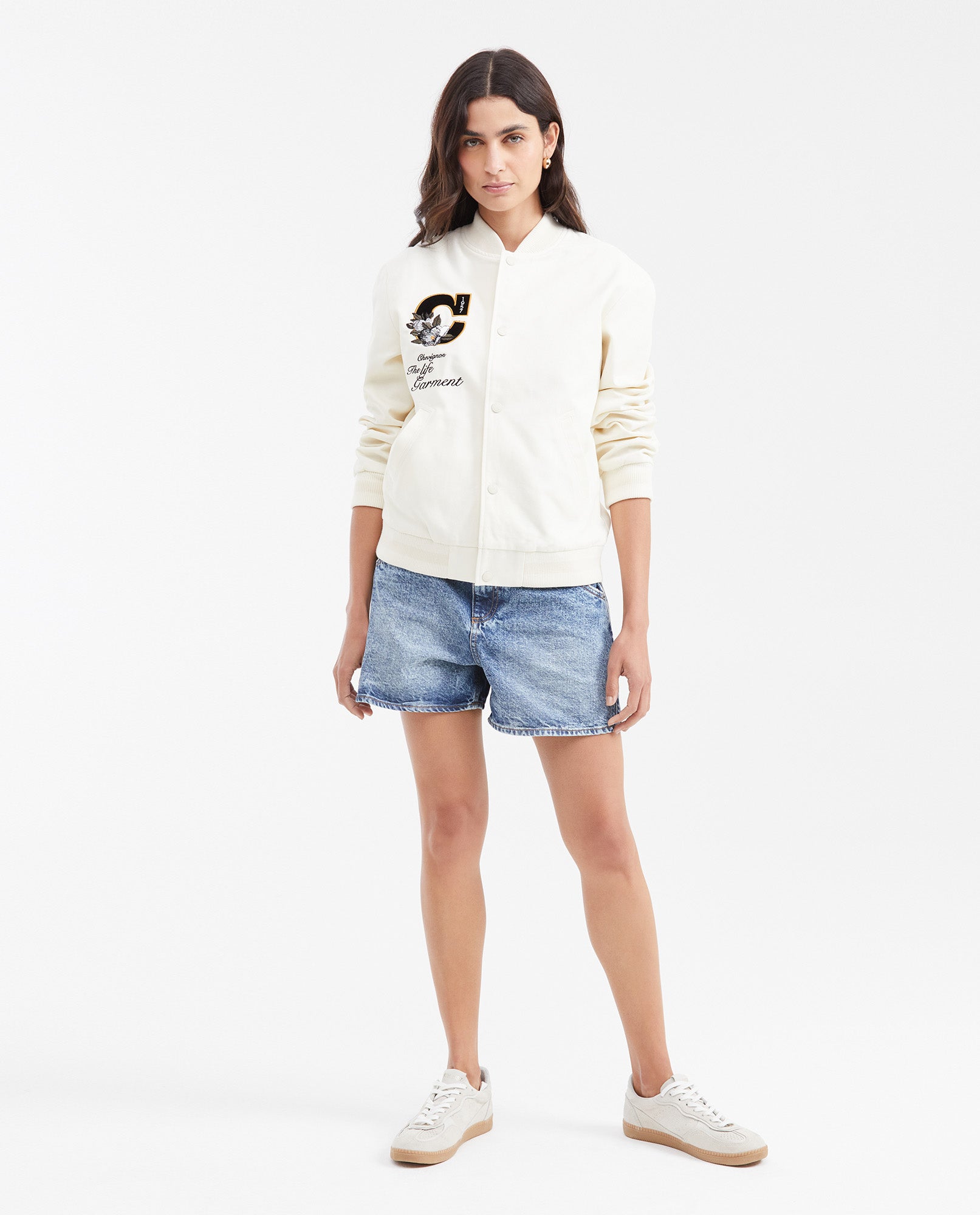 Women's Varsity Bomber Jacket with Velveteen Floral Appliqués in Cotton - 2