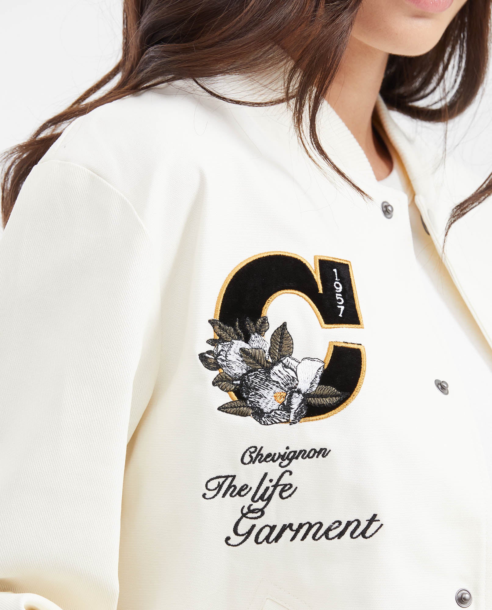 Women's Varsity Bomber Jacket with Velveteen Floral Appliqués in Cotton - 3