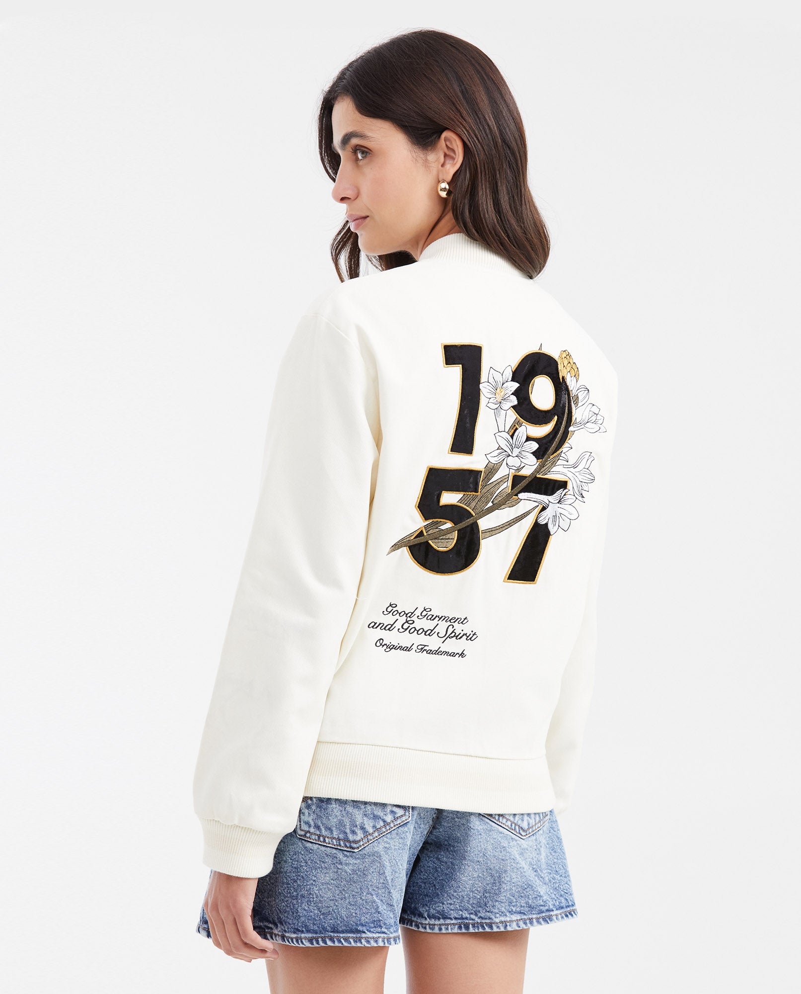 Women's Varsity Bomber Jacket with Velveteen Floral Appliqués in Cotton - 5