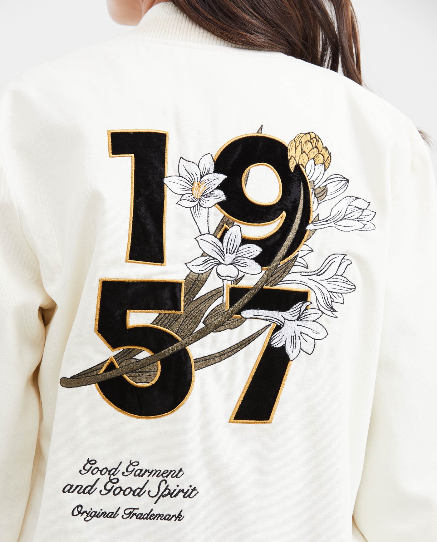 Women's Varsity Bomber Jacket with Velveteen Floral Appliqués in Cotton - 6