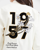 Women's Varsity Bomber Jacket with Velveteen Floral Appliqués in Cotton - 6