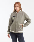 Women's Varsity Bomber Jacket with Velveteen Floral Appliqués in Cotton - 1