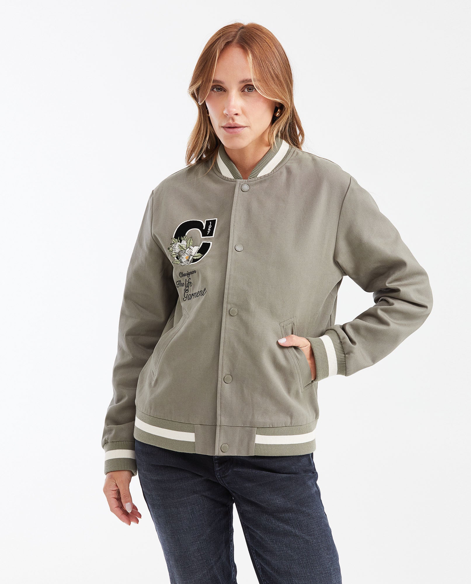 Women's Varsity Bomber Jacket with Velveteen Floral Appliqués in Cotton - 1