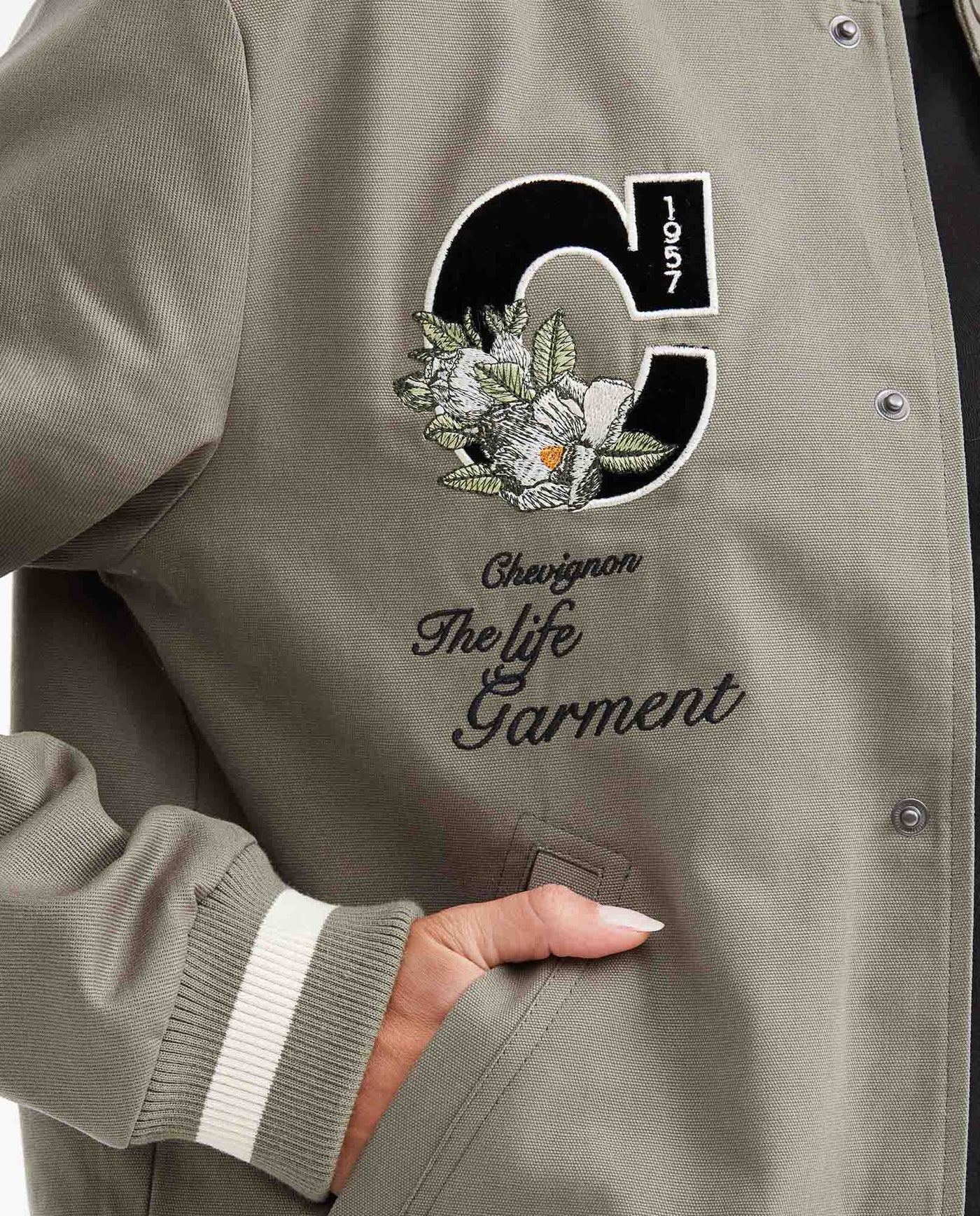 Women's Varsity Bomber Jacket with Velveteen Floral Appliqués in Cotton - 4