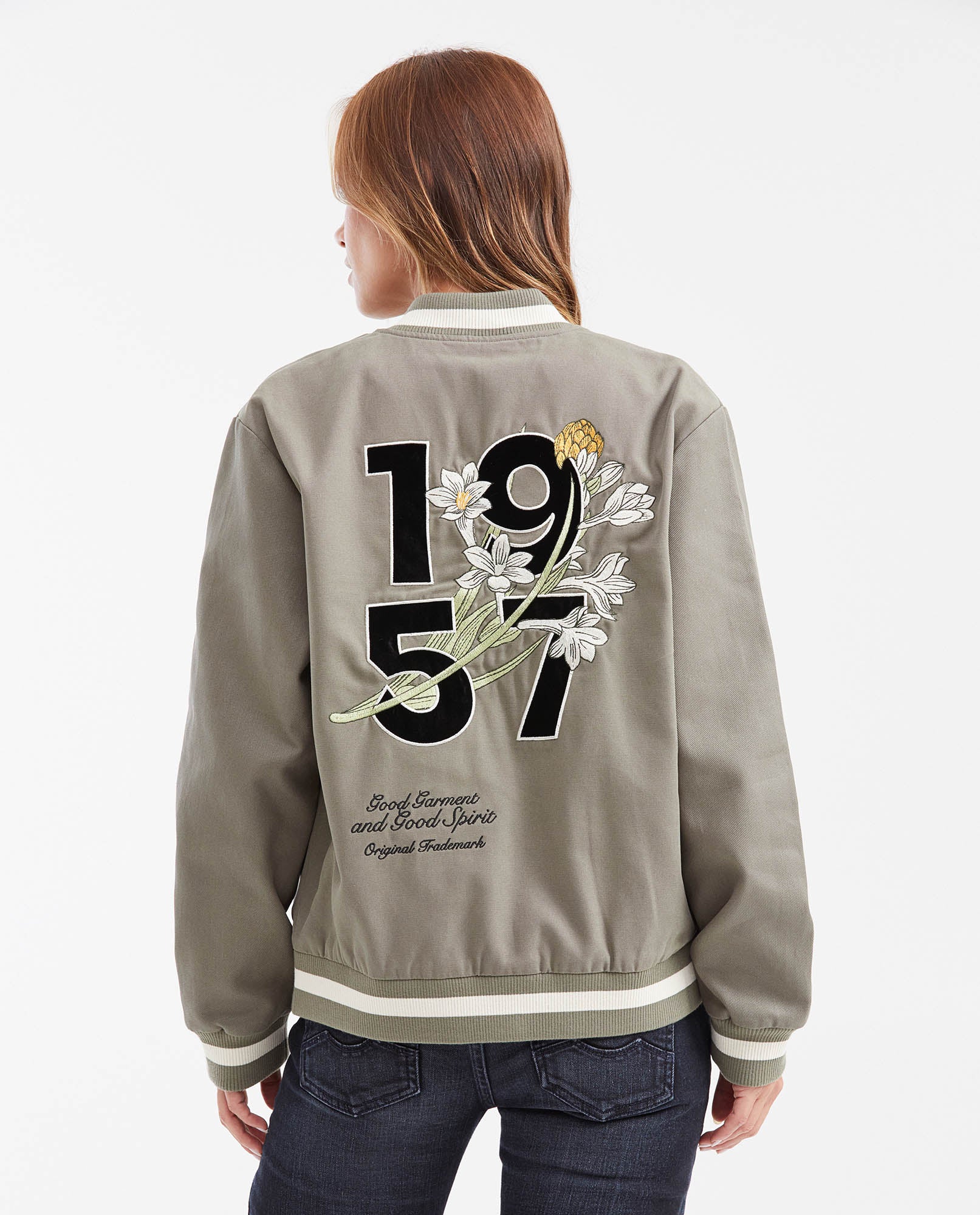 Women's Varsity Bomber Jacket with Velveteen Floral Appliqués in Cotton - 5