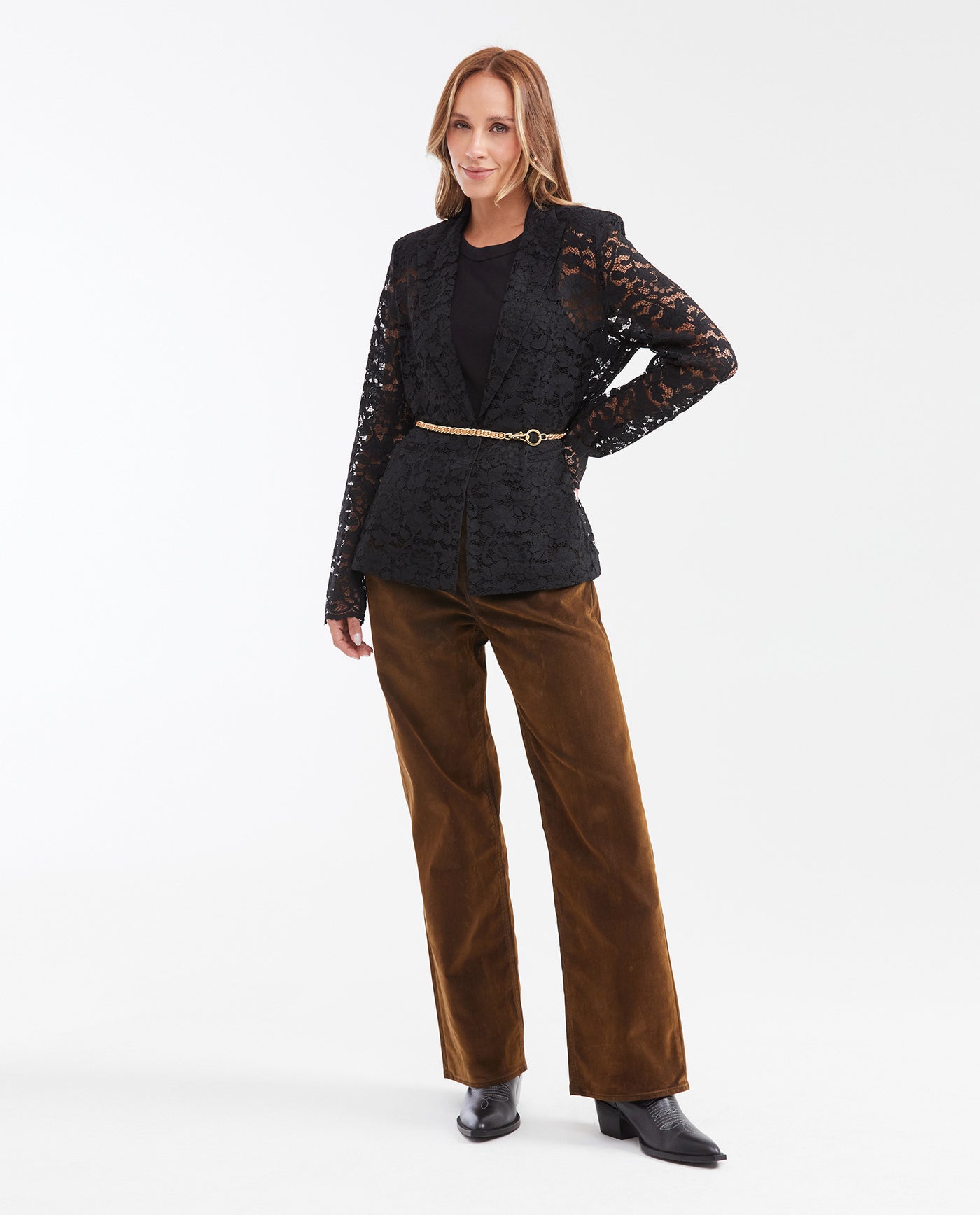 Women's Fitted Lace Blazer with Berry Sleeve Finish - 2