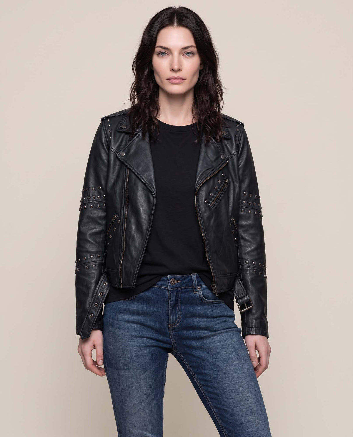 Women´s Leather Biker Jacket - Black 63_724D400_NEG193909_0