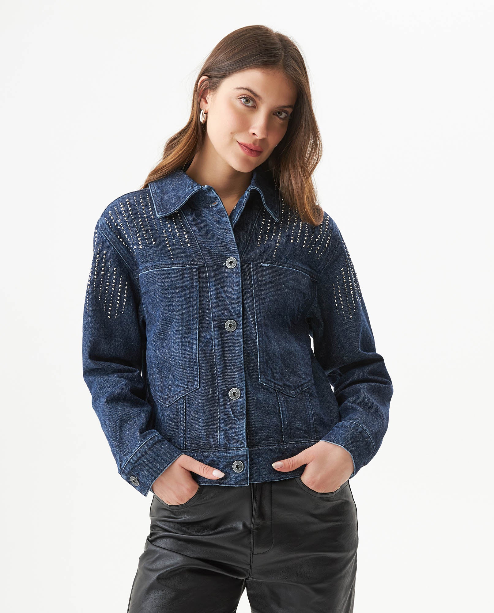 Women’s Oversized Denim Trucker Jacket in Cotton, Sparkle - 2