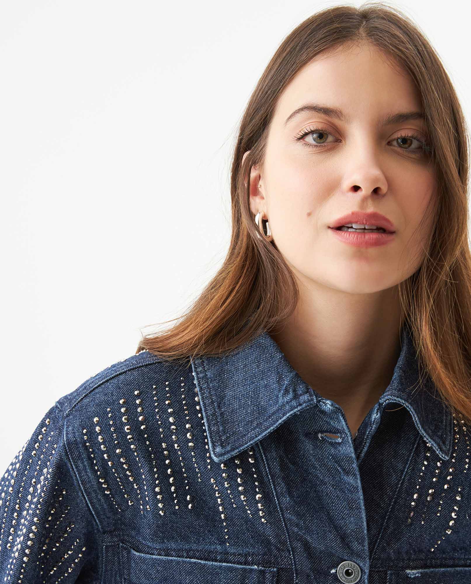Women’s Oversized Denim Trucker Jacket in Cotton, Sparkle - 4