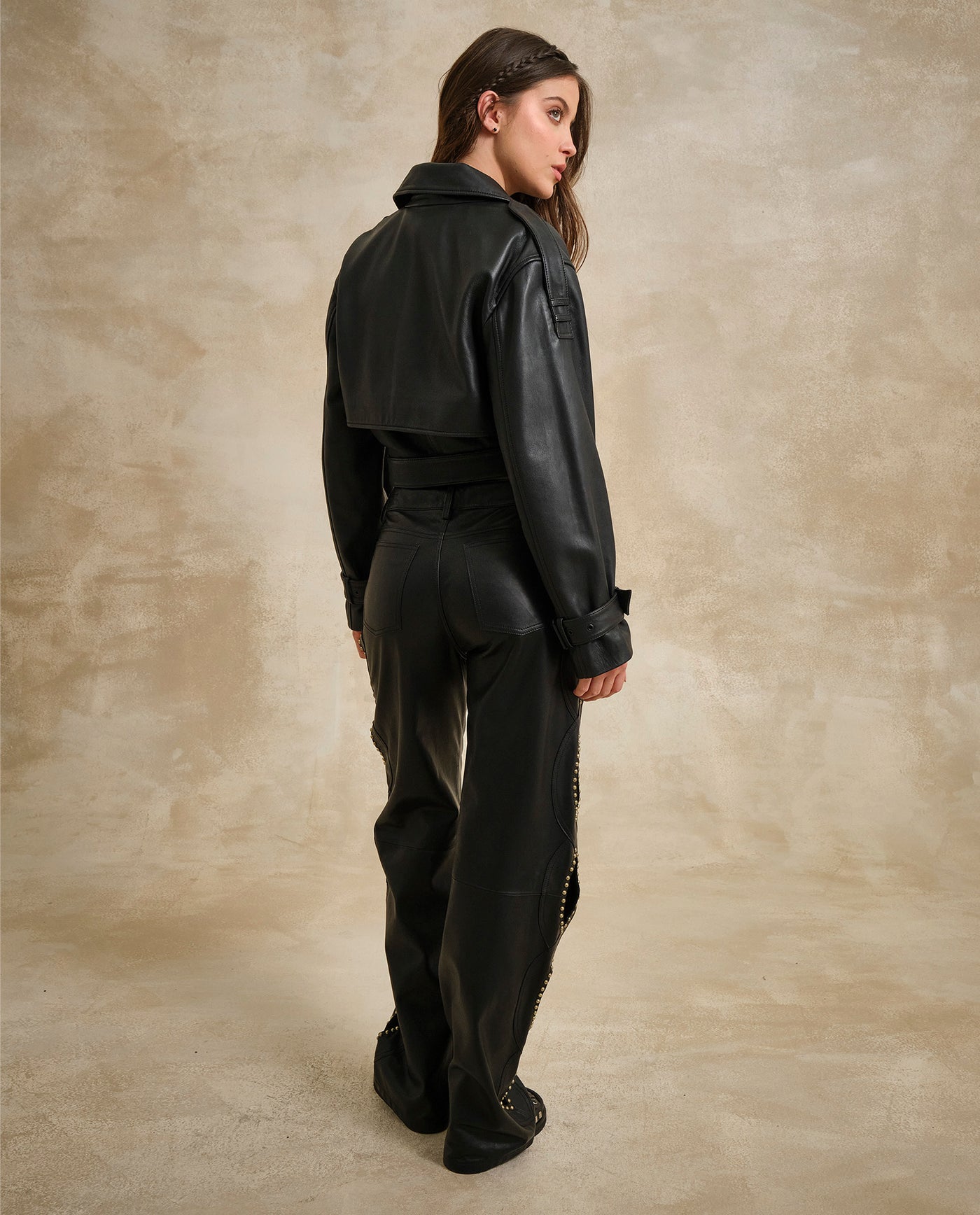 Women's Leather Biker Jacket with Belt, Glow - 3