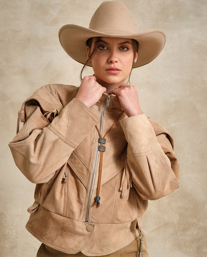 Women's Leather Bomber Jacket - Beige 63_724G505_BEI141118_0