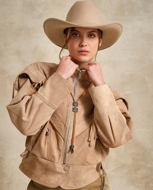Women's Leather Bomber Jacket - Beige 63_724G505_BEI141118_0