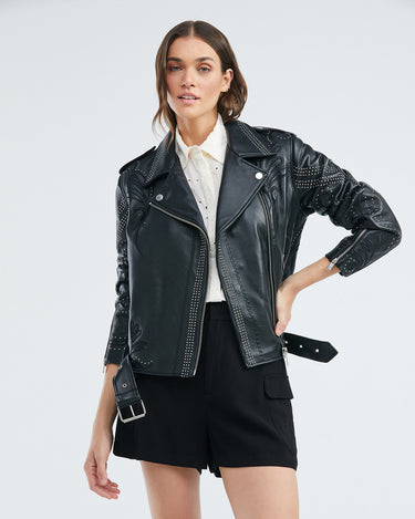 EMBELLISHMENT LEATHER JACKET IN BLACK