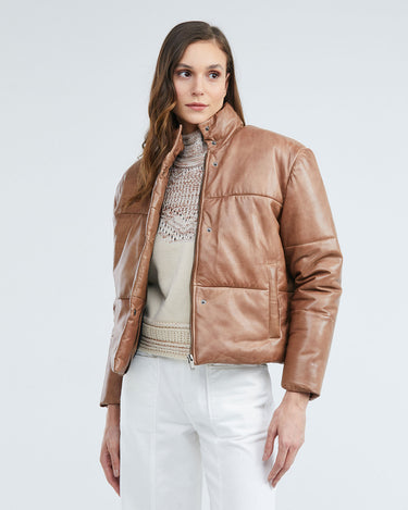 LEATHER PUFFER JACKET IN BROWN