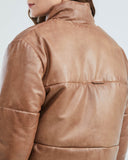 LEATHER PUFFER JACKET IN BROWN