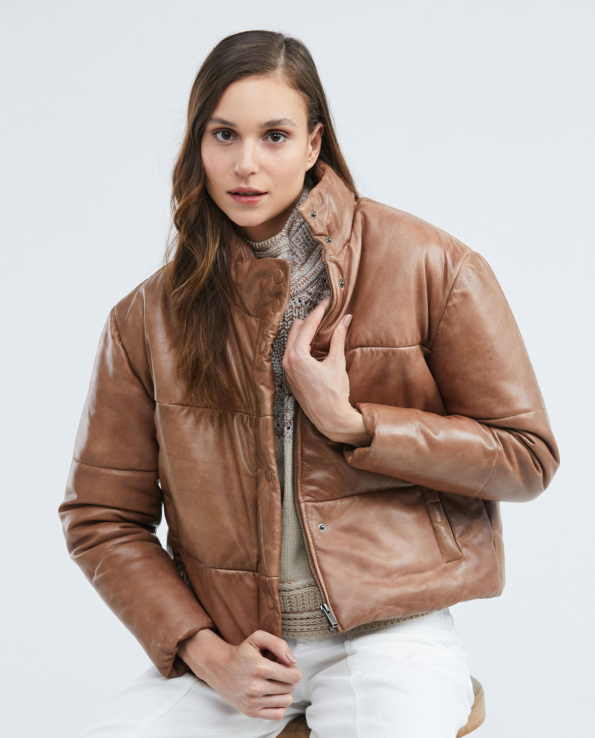 Women´s Leather Puffer Jacket - Brown 63_727E402_CAF181148_0