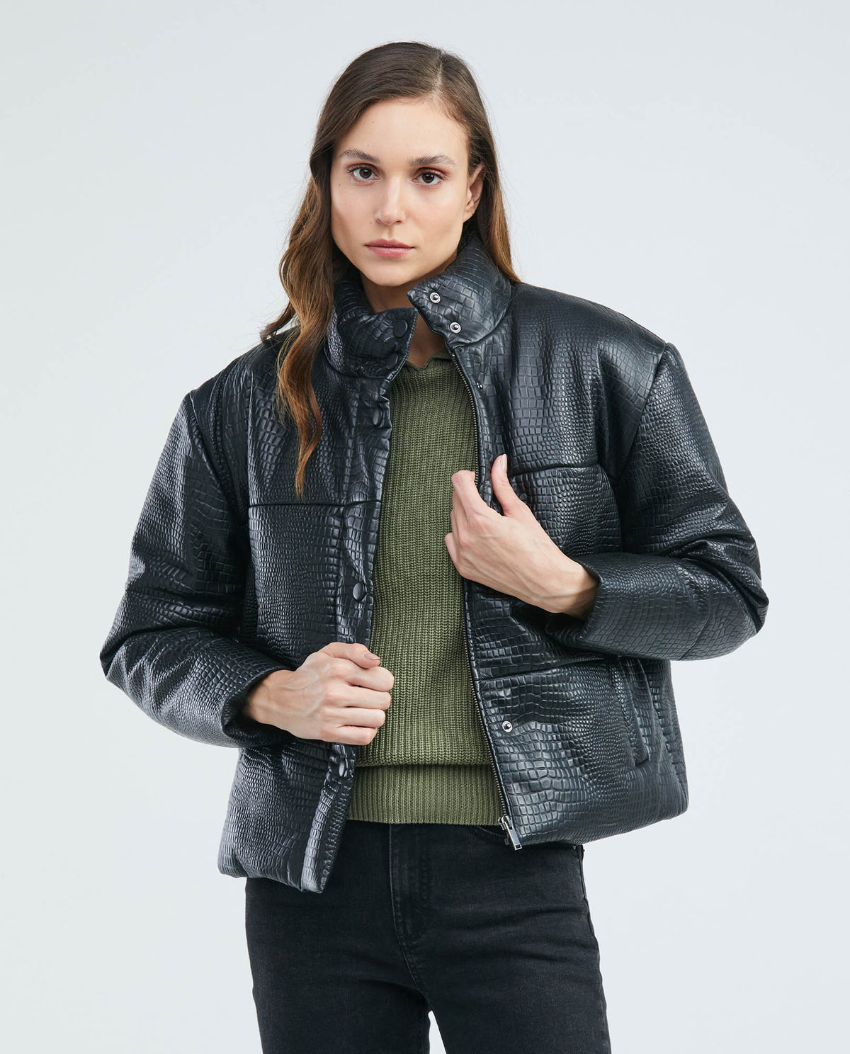 Women´s Leather Puffer Jacket - Black 63_727E402_NEG193909_3