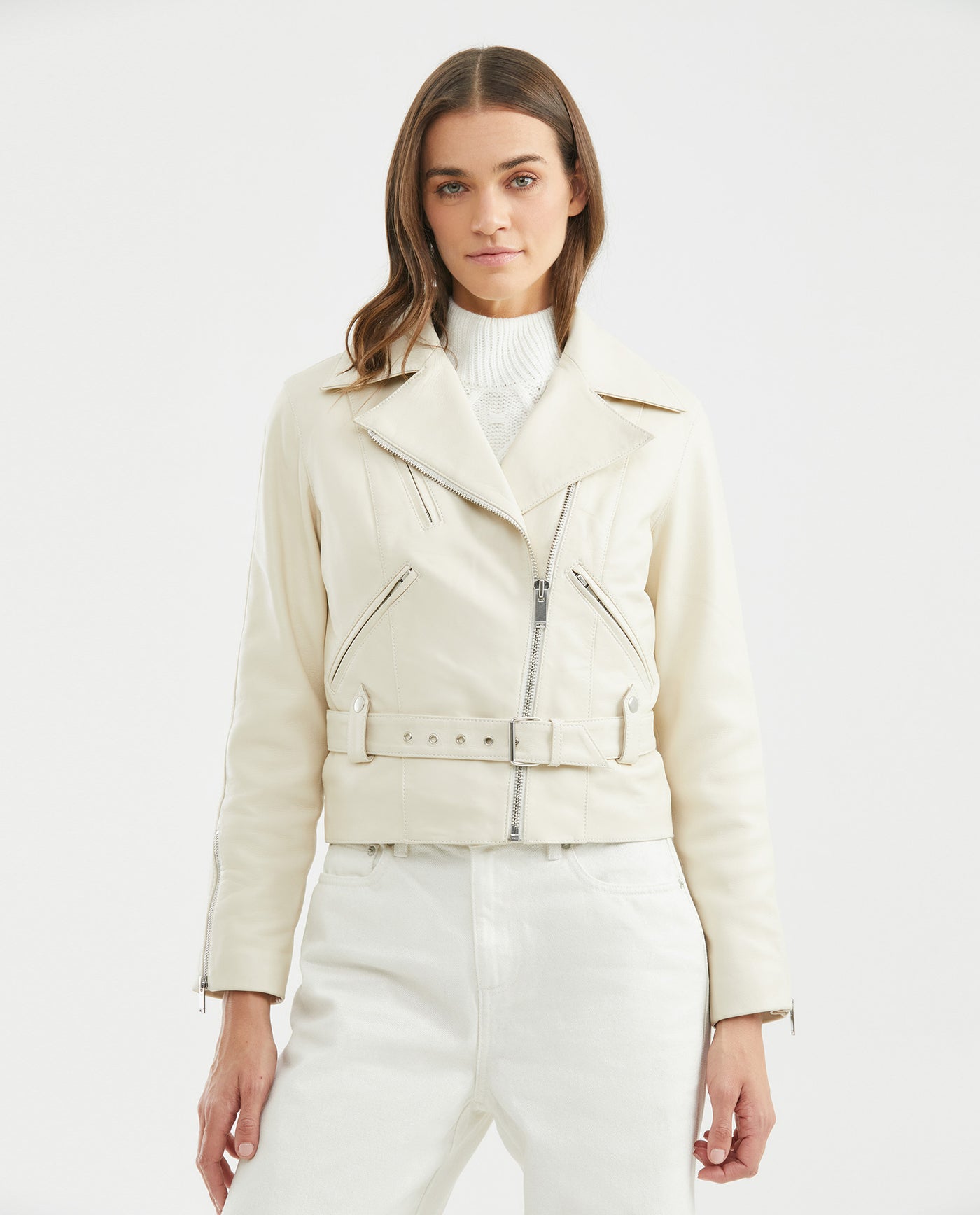 Women's Biker Lambskin Jacket Belt Waist Zipper Details - 2