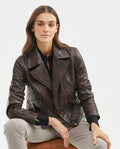 Women's Biker Lambskin Jacket Belt Waist Zipper Details - 1