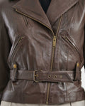 Women's Biker Lambskin Jacket Belt Waist Zipper Details - 3