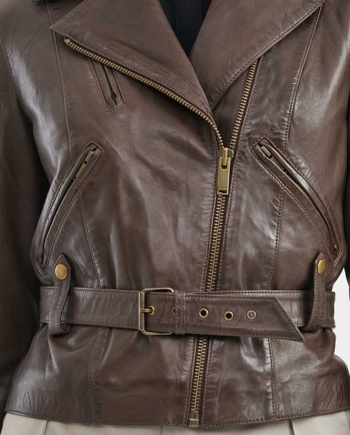Women's Biker Lambskin Jacket Belt Waist Zipper Details - 3