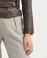 Women's Biker Lambskin Jacket Belt Waist Zipper Details - 4
