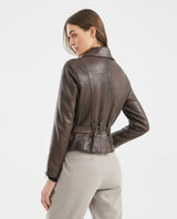 Women's Biker Lambskin Jacket Belt Waist Zipper Details - 5