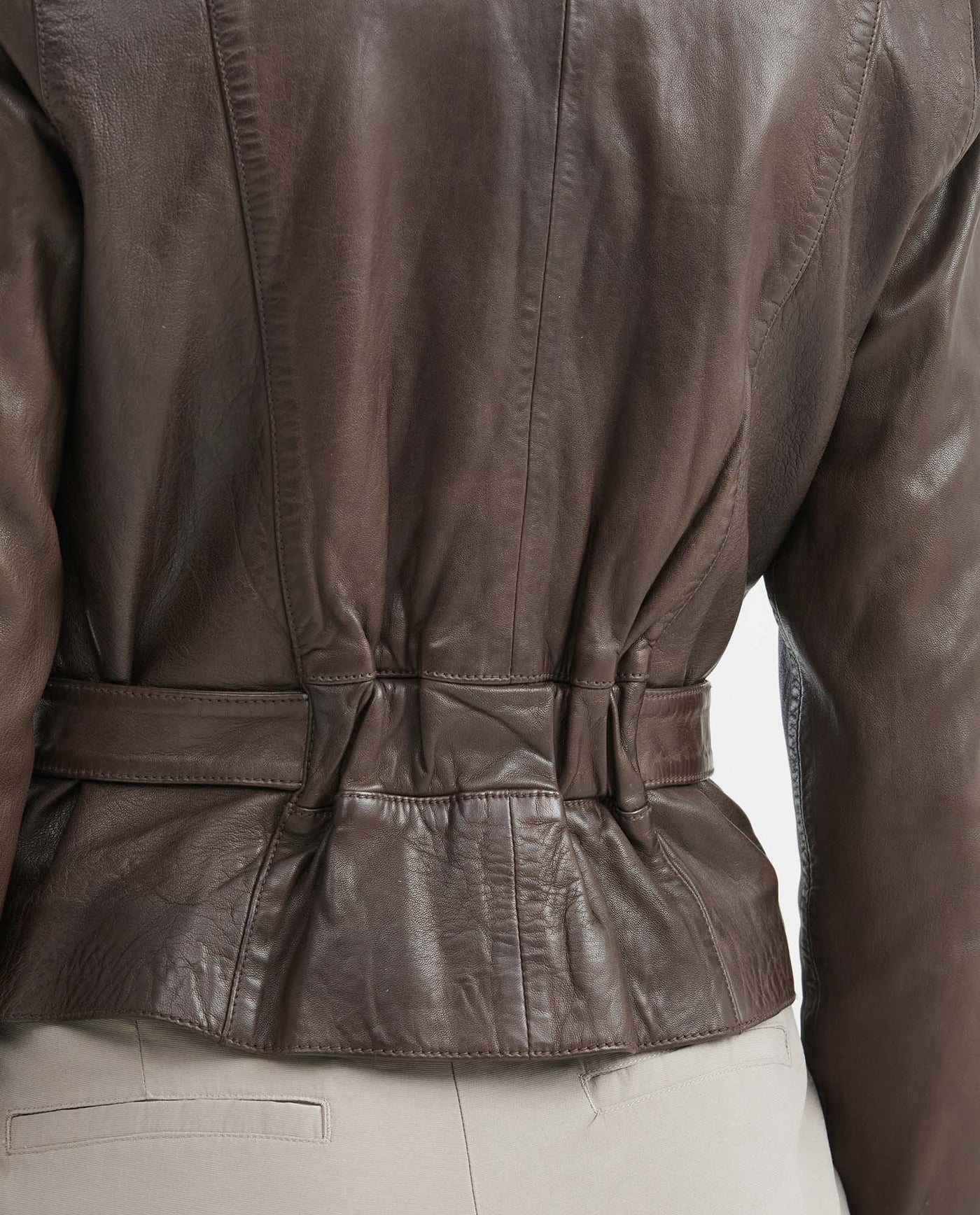 Women's Biker Lambskin Jacket Belt Waist Zipper Details - 7