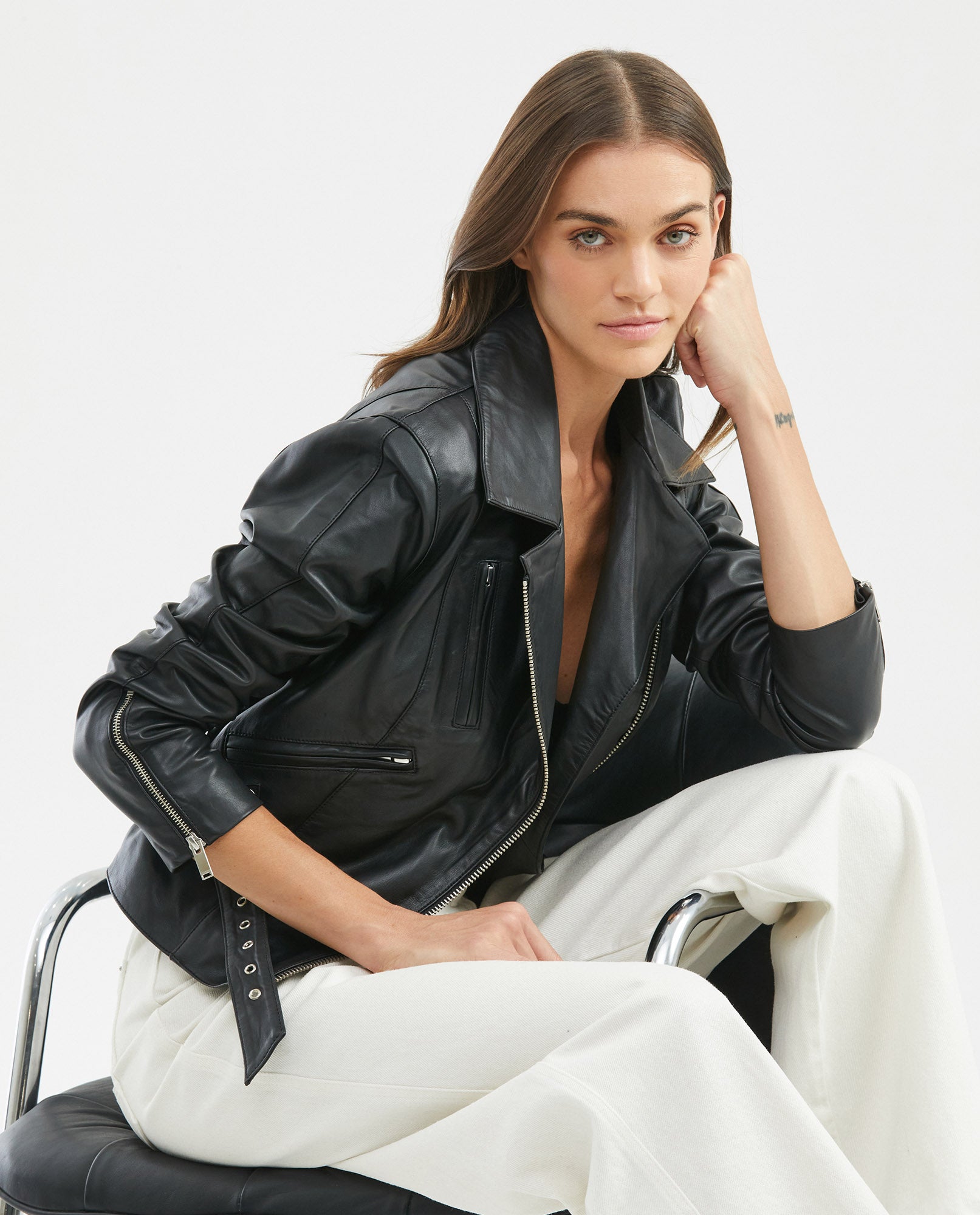 Women's Biker Lambskin Jacket Belt Waist Zipper Details - 1