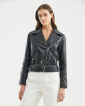 Women's Biker Lambskin Jacket Belt Waist Zipper Details - 2
