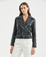 Women's Biker Lambskin Jacket Belt Waist Zipper Details - 2
