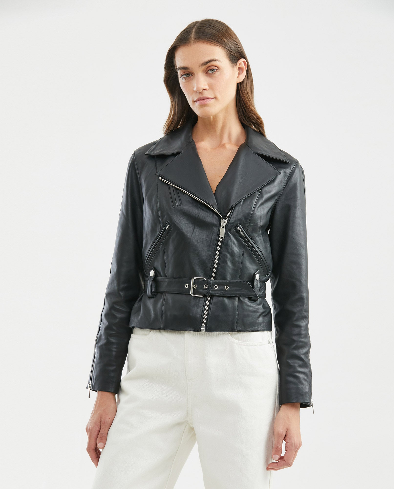 Women's Biker Lambskin Jacket Belt Waist Zipper Details - 2