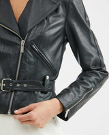 Women's Biker Lambskin Jacket Belt Waist Zipper Details - 3