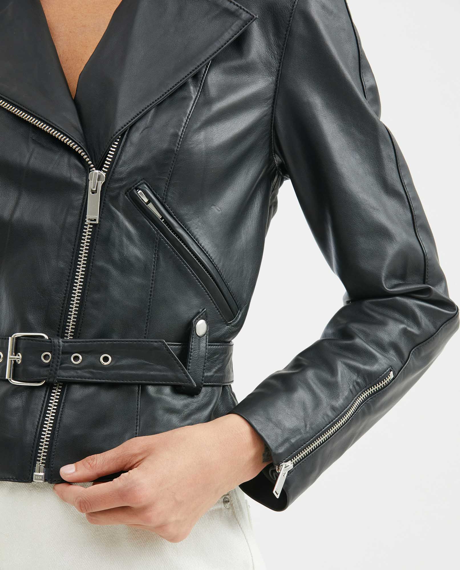 Women's Biker Lambskin Jacket Belt Waist Zipper Details - 3