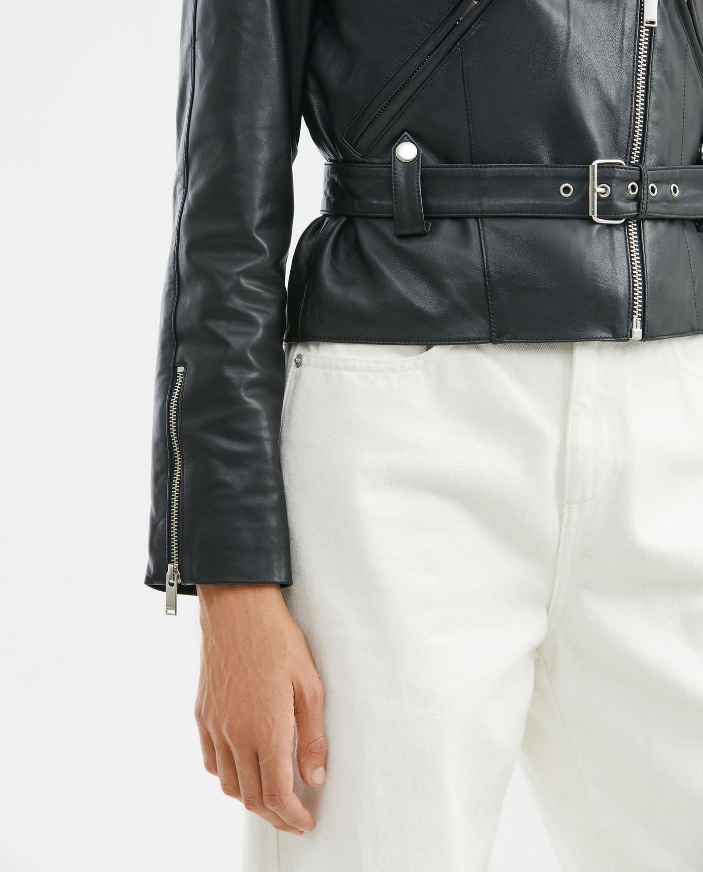 Women's Biker Lambskin Jacket Belt Waist Zipper Details - 4