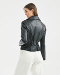 Women's Biker Lambskin Jacket Belt Waist Zipper Details - 5