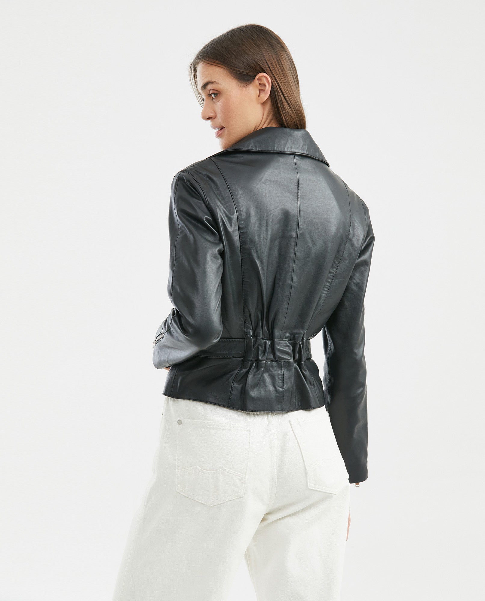 Women's Biker Lambskin Jacket Belt Waist Zipper Details - 5