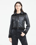 Women's Crop Lambskin Jacket Branded Zipper Studded Berry Trim Suede Cuffs - 1