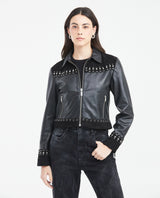 Women's Crop Lambskin Jacket Branded Zipper Studded Berry Trim Suede Cuffs - 1