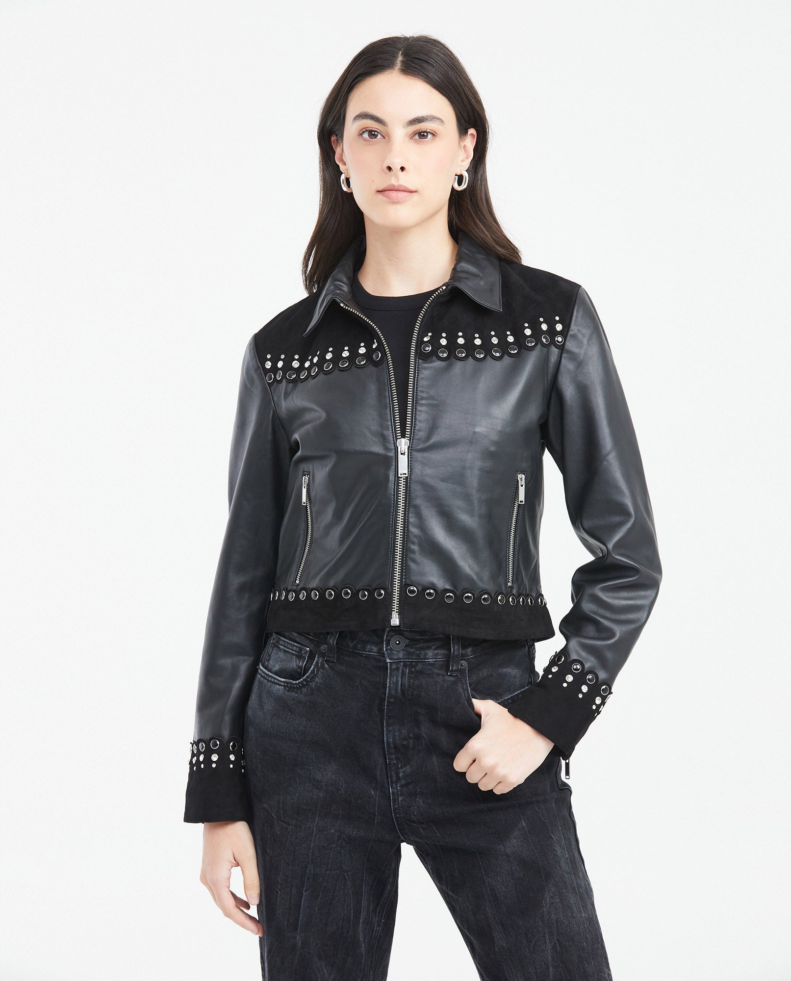 Women's Crop Lambskin Jacket Branded Zipper Studded Berry Trim Suede Cuffs - 1