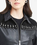 Women's Crop Lambskin Jacket Branded Zipper Studded Berry Trim Suede Cuffs - 3