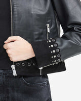 Women's Crop Lambskin Jacket Branded Zipper Studded Berry Trim Suede Cuffs - 4