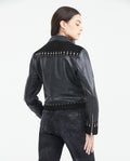 Women's Crop Lambskin Jacket Branded Zipper Studded Berry Trim Suede Cuffs - 5