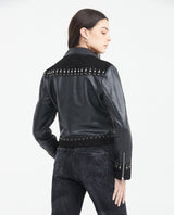 Women's Crop Lambskin Jacket Branded Zipper Studded Berry Trim Suede Cuffs - 5