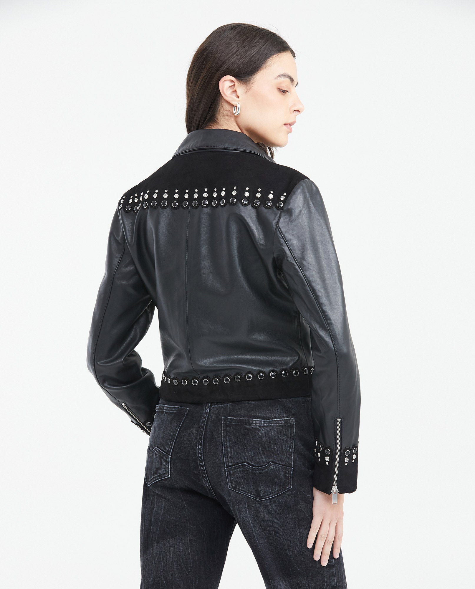 Women's Crop Lambskin Jacket Branded Zipper Studded Berry Trim Suede Cuffs - 5