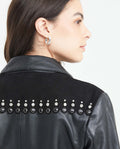 Women's Crop Lambskin Jacket Branded Zipper Studded Berry Trim Suede Cuffs - 6