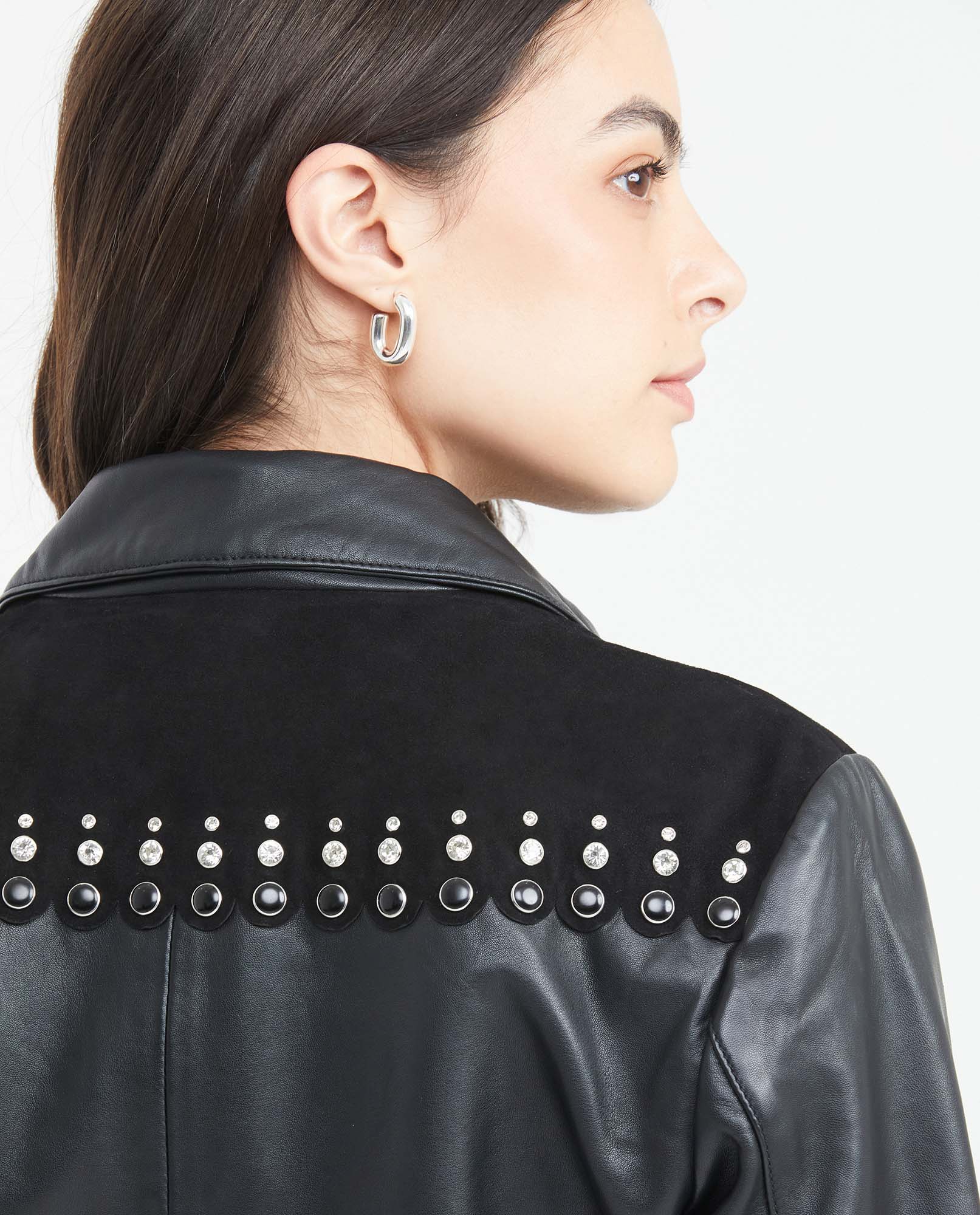 Women's Crop Lambskin Jacket Branded Zipper Studded Berry Trim Suede Cuffs - 6